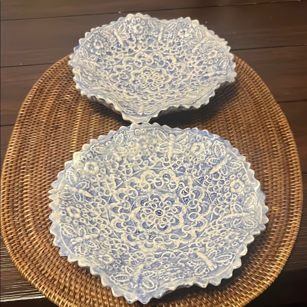 2 Butterfly Lace Floral Doily 7 in Ceramic Bowl Vintage Pottery Art Blue White